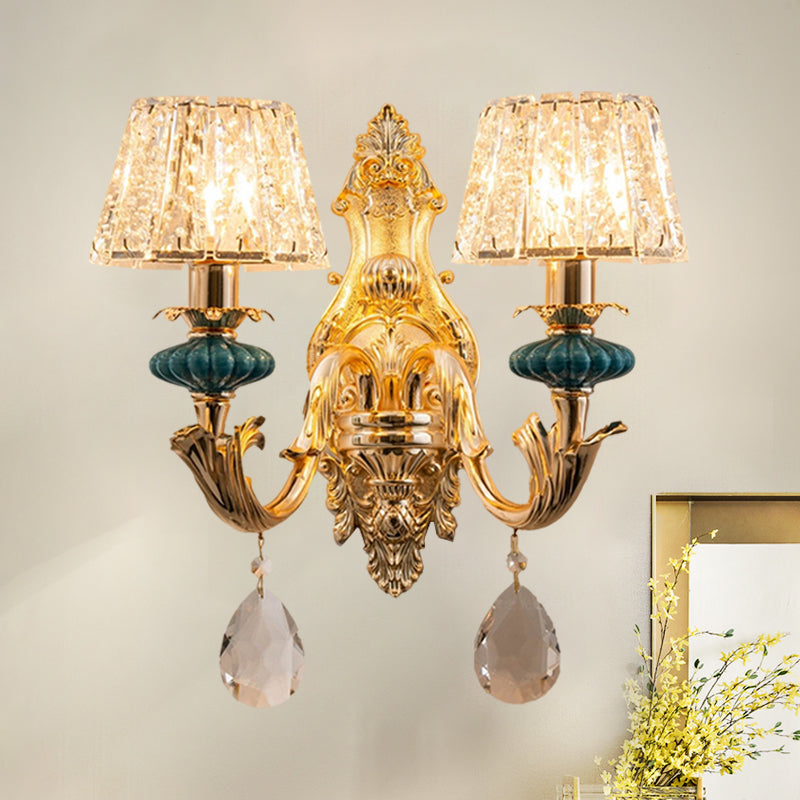 BowLift | Gold Small Drum Wall Mount Lighting Traditional Etched Crystal 1/2-Bulb Bedroom Wall Lamp Fixture