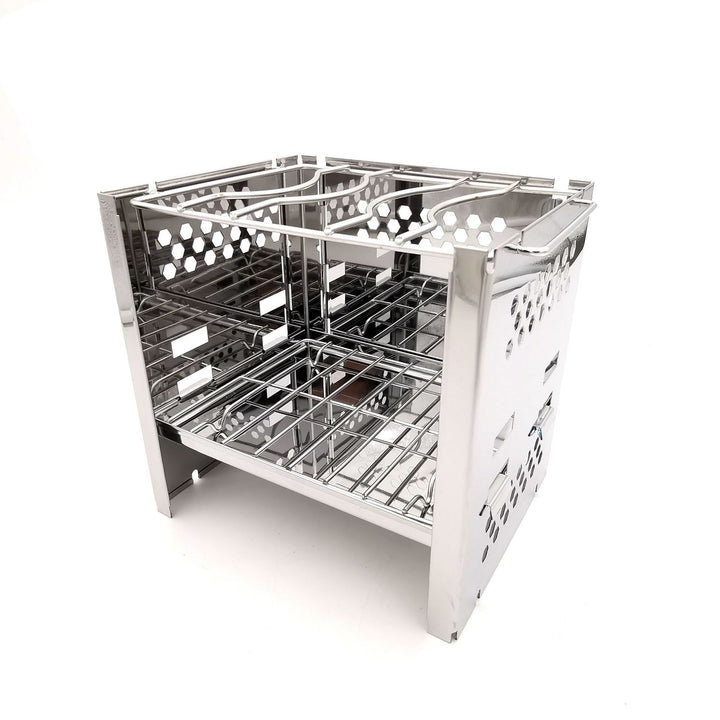 stainless steel collapsible portable camping grill with multi-tier racks and integrated skewer holders Bowlift
