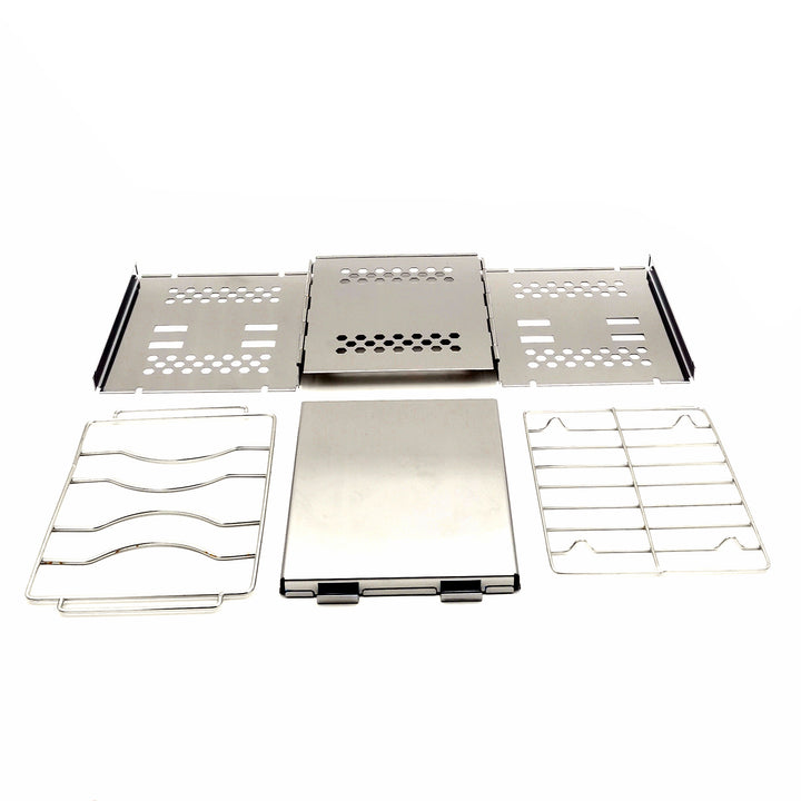 stainless steel collapsible portable camping grill with multi-tier racks and integrated skewer holders Bowlift