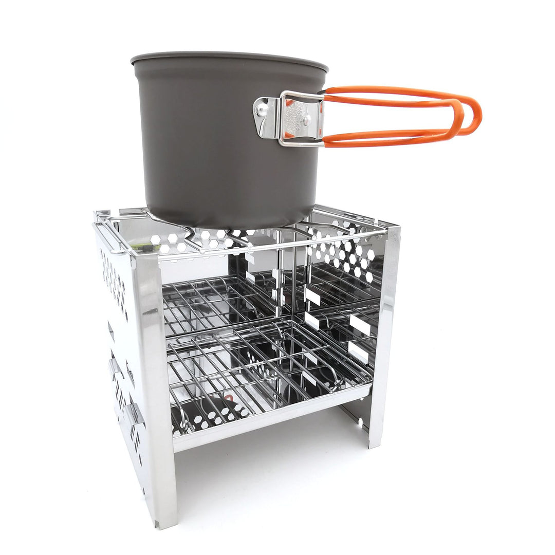 stainless steel collapsible portable camping grill with multi-tier racks and integrated skewer holders Bowlift