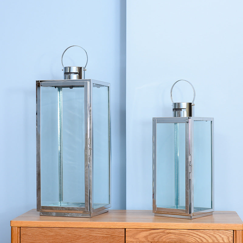 Tall Rectangular Stainless Steel Glass Panel Lantern with Hinged Door and Loop Handle Bowlift