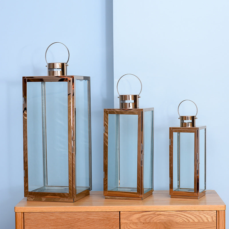 Tall Rectangular Stainless Steel Glass Panel Lantern with Hinged Door and Loop Handle Bowlift