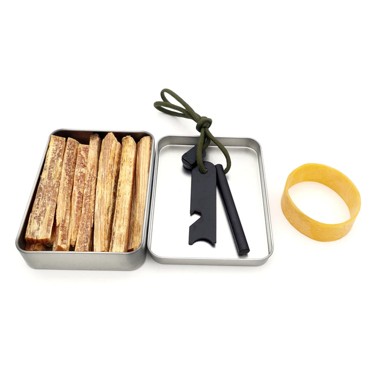 compact emergency fire starter kit with ferrocerium rod striker waxed tinder sticks and lightweight metal storage tin Bowlift