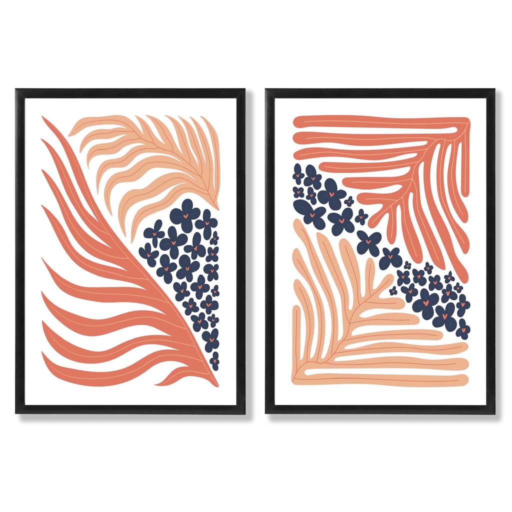 Blush Pink and Navy Boho Flower Frame Set of 2 Art Prints | Bowlift