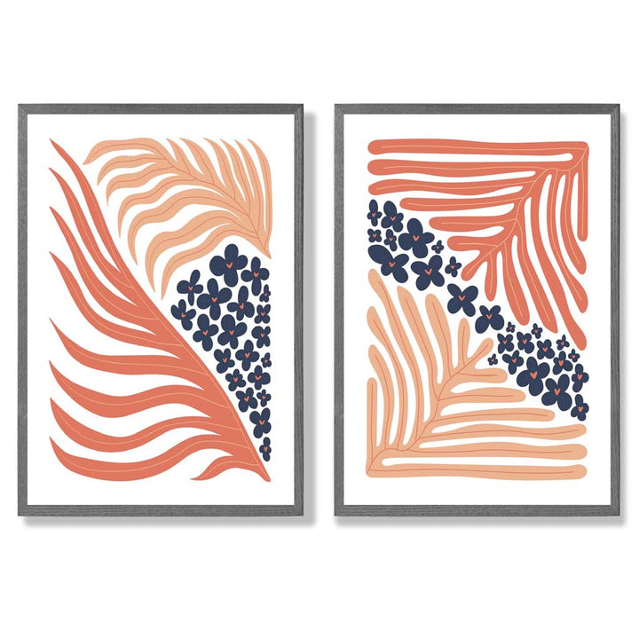 Blush Pink and Navy Boho Flower Frame Set of 2 Art Prints | Bowlift