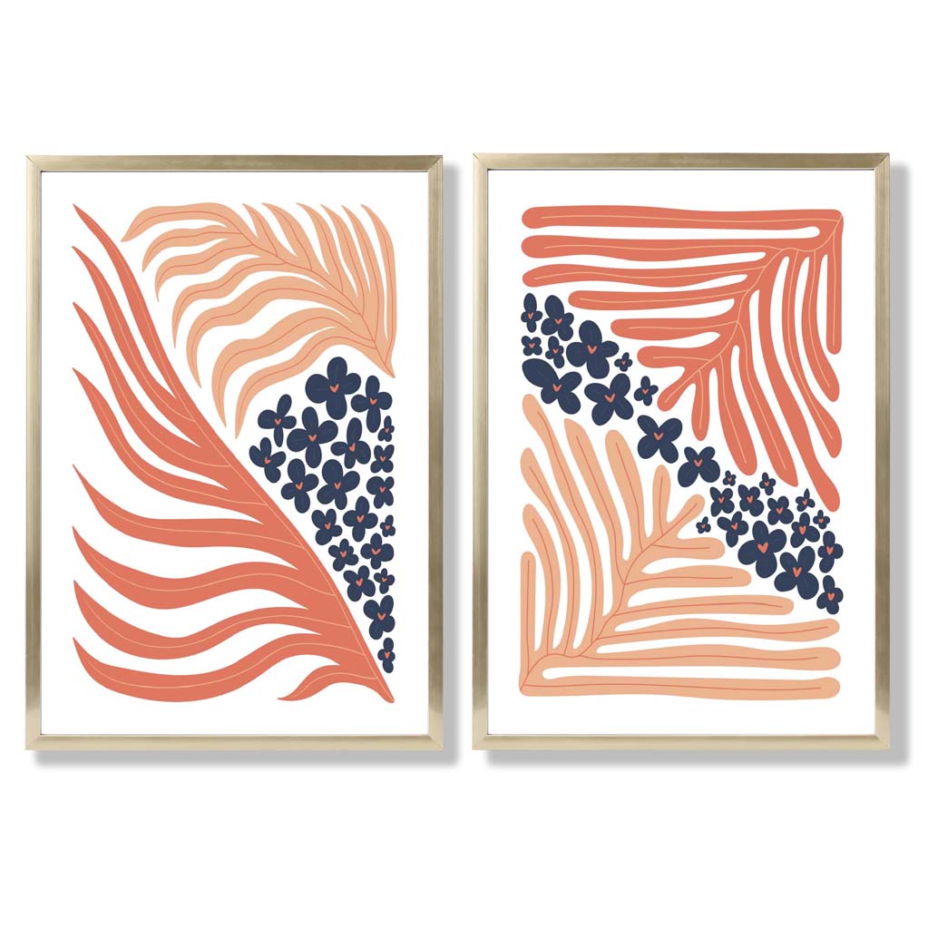 Blush Pink and Navy Boho Flower Frame Set of 2 Art Prints | Bowlift