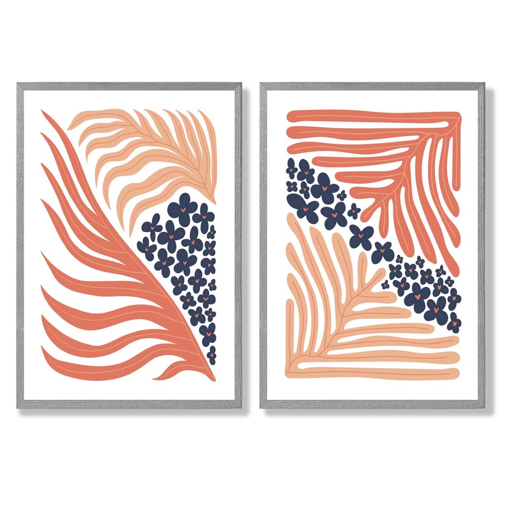 Blush Pink and Navy Boho Flower Frame Set of 2 Art Prints | Bowlift
