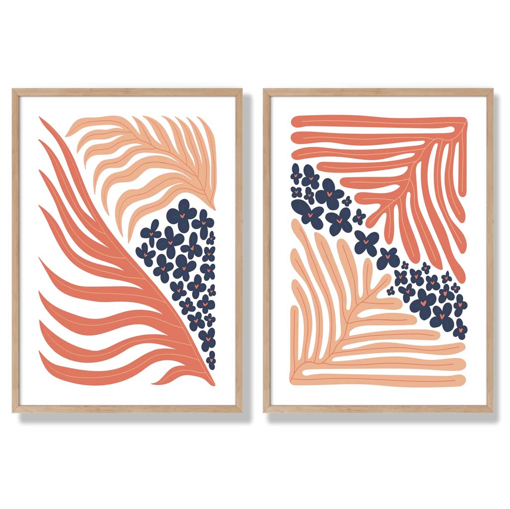Blush Pink and Navy Boho Flower Frame Set of 2 Art Prints | Bowlift