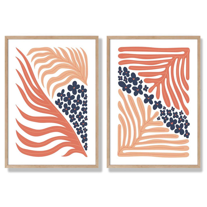 Blush Pink and Navy Boho Flower Frame Set of 2 Art Prints | Bowlift