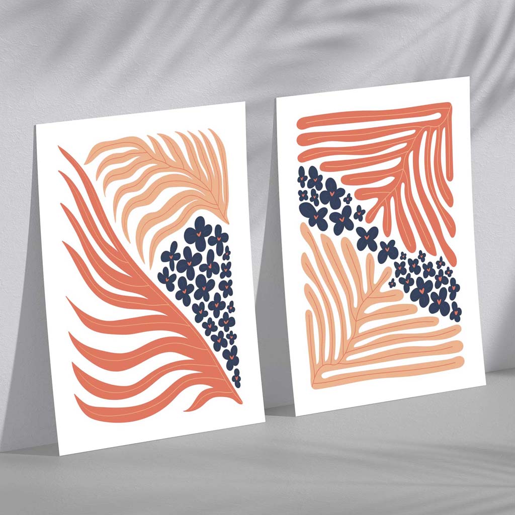 Blush Pink and Navy Blue Boho Flower Set of 2 Art Prints | Bowlift