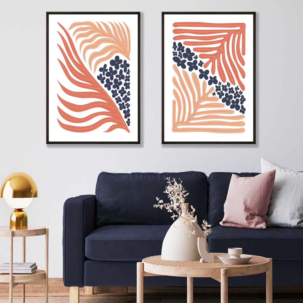 Blush Pink and Navy Boho Flower Frame Set of 2 Art Prints | Bowlift