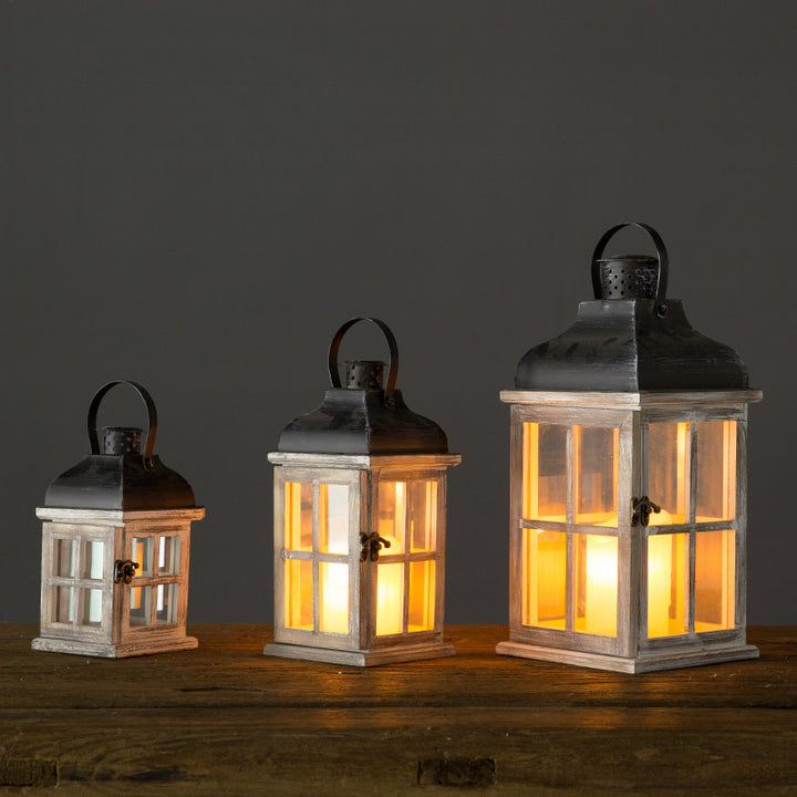 Multi-Piece Rustic Wooden Candle Lanterns with Metal Tops and Paneled Glass Bowlift