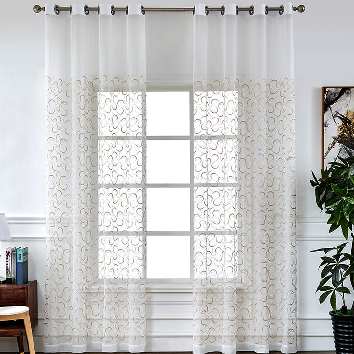 Transparent voile curtain with embroidered golden vine pattern Bowlift
