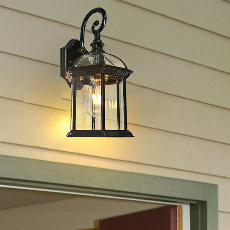 Traditional European Waterproof Aluminum Glass Hexagonal Prism 1-Light Wall Sconce Lamp For Garden | Bowlift