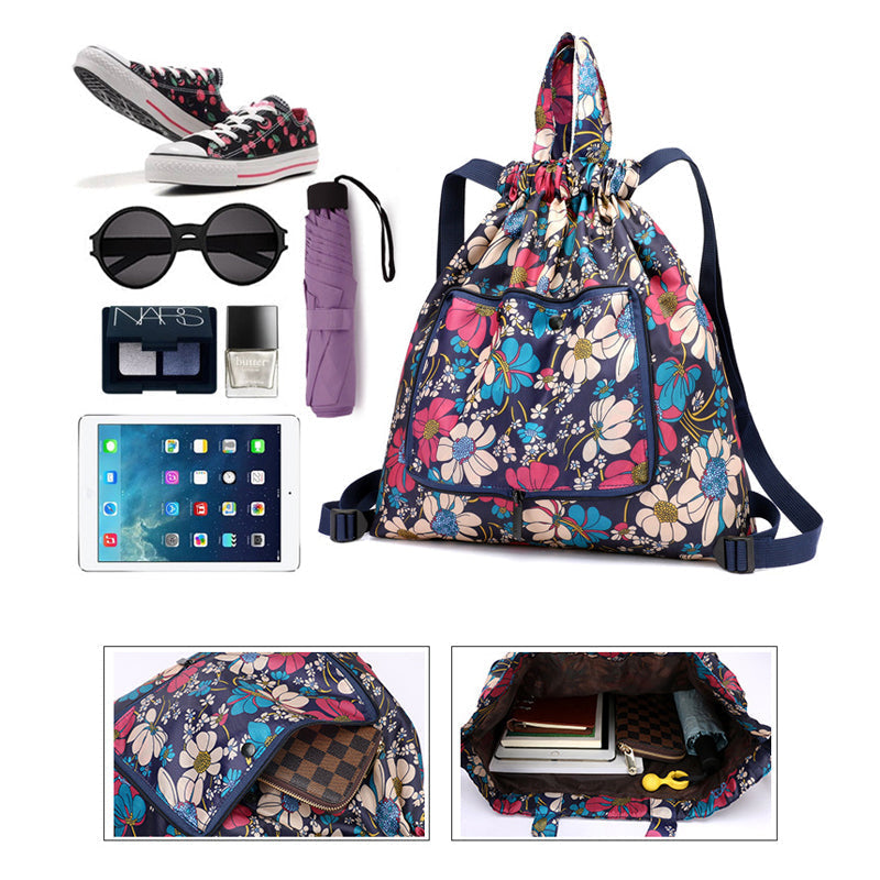 Foldable Printed Nylon Backpack with Drawstring | Bowlift