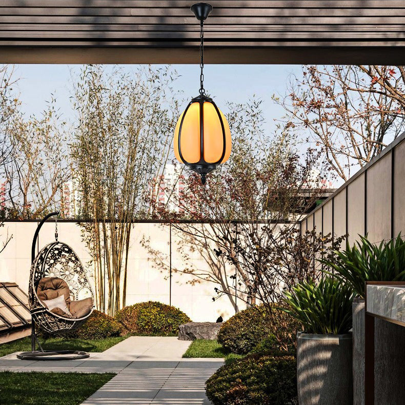 Traditional Chinese Waterproof Aluminum PC Dolomite Elliptical Pumpkin 1-Light Pendant Light For Ourdoor Patio | Bowlift