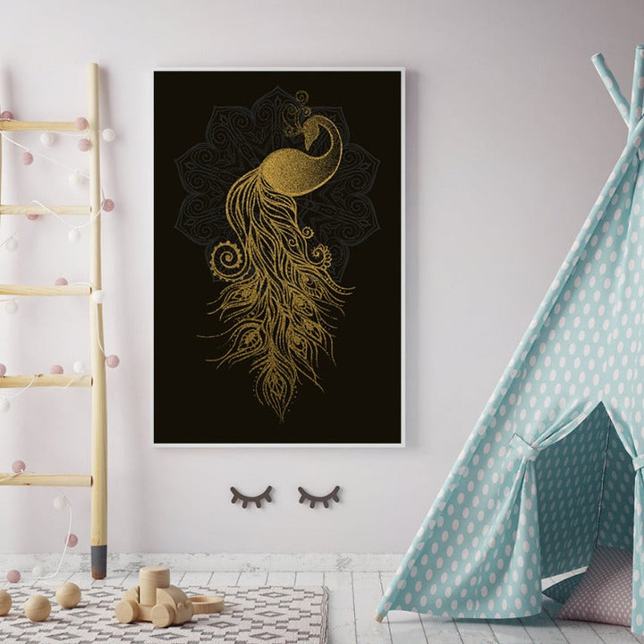 Abstract Golden Mandala Peacock - Canvas Wall Art Painting | Bowlift
