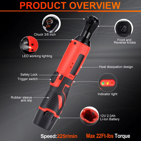 BowLift | 12V/18V Cordless Right Angle Impact Ratchet Wrench, 3/8" Rechargeable Electric Driver Tool