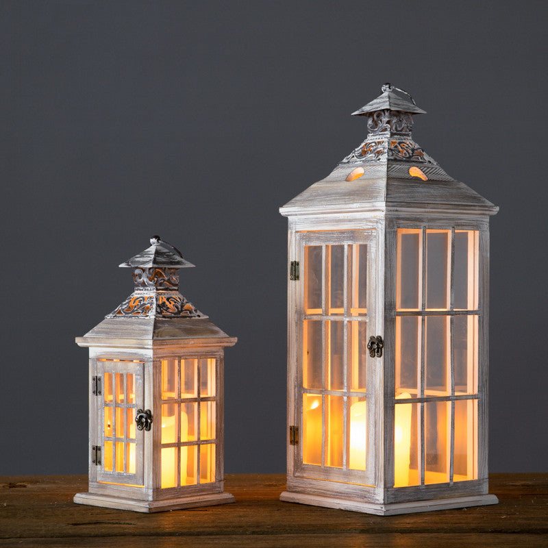 Rustic Distressed Wood Windowpane Glass Candle Lantern Set with Ornate Metal Roof Bowlift