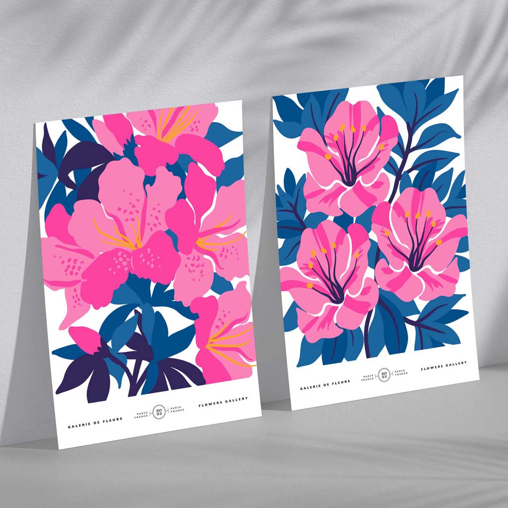 Bright blue and pink spring flowers market set of 2 art prints | Bowlift