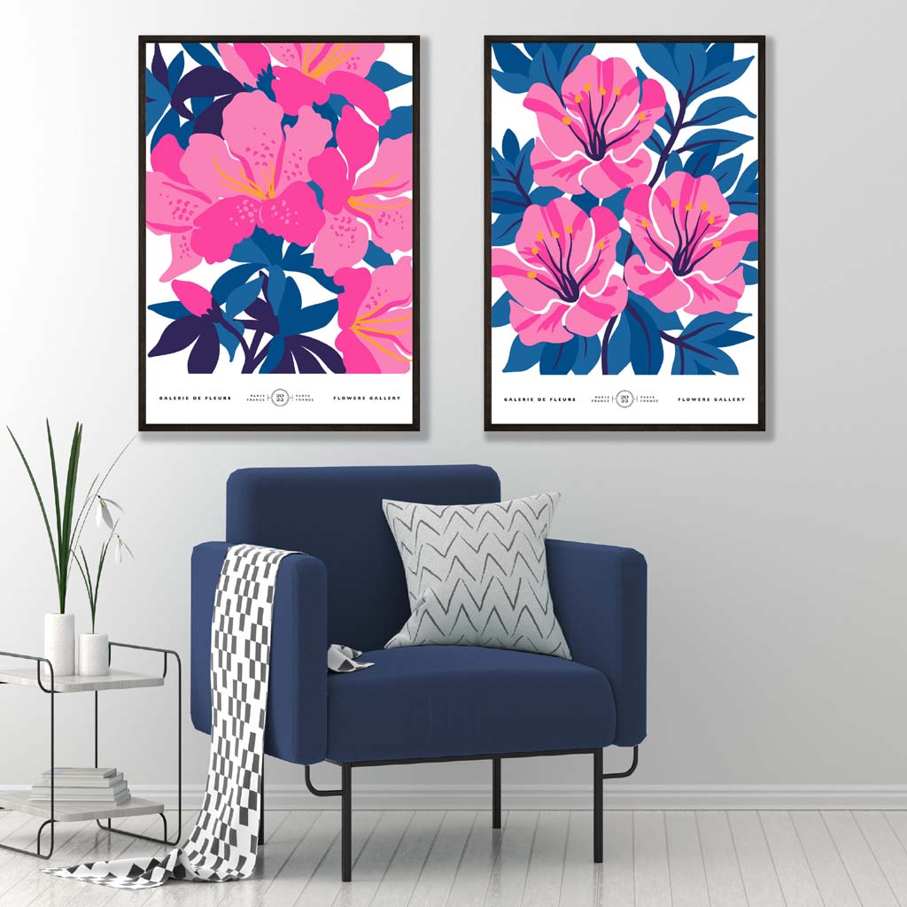 Bright blue and pink spring flowers market set of 2 art prints | Bowlift