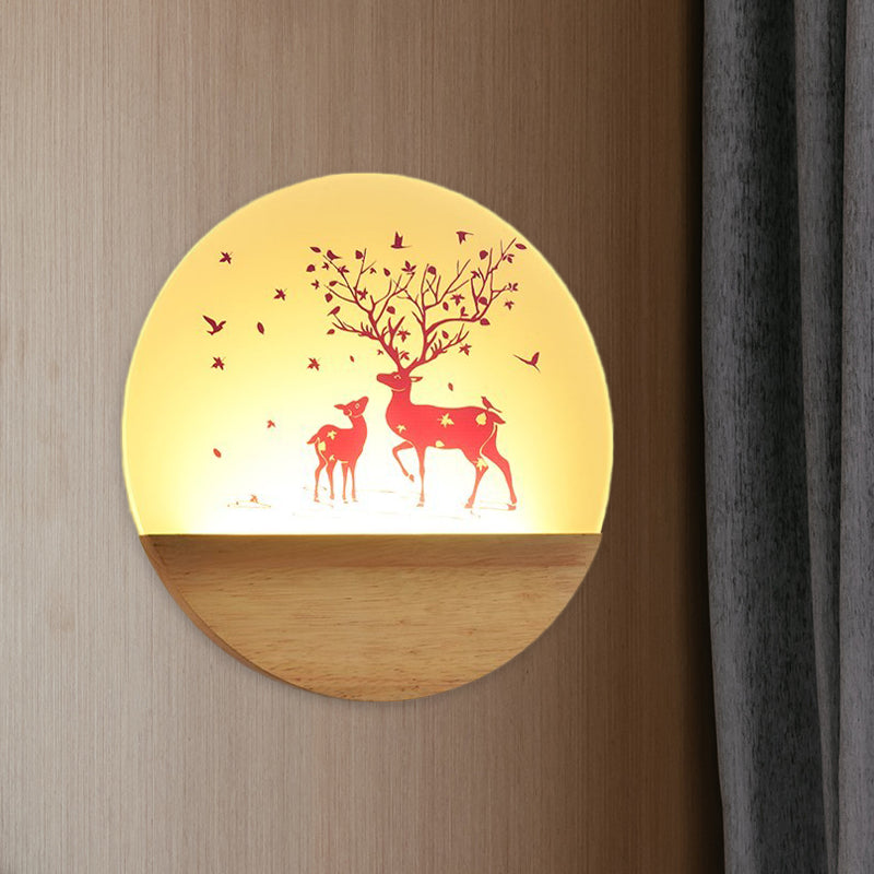 BowLift | LED Bedroom Wall Mounted Wall Lamp Nordic Wood Wall Light with Deer/Bird Pattern Round Acrylic Shade