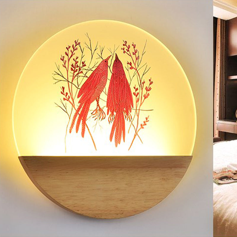 BowLift | LED Bedroom Wall Mounted Wall Lamp Nordic Wood Wall Light with Deer/Bird Pattern Round Acrylic Shade