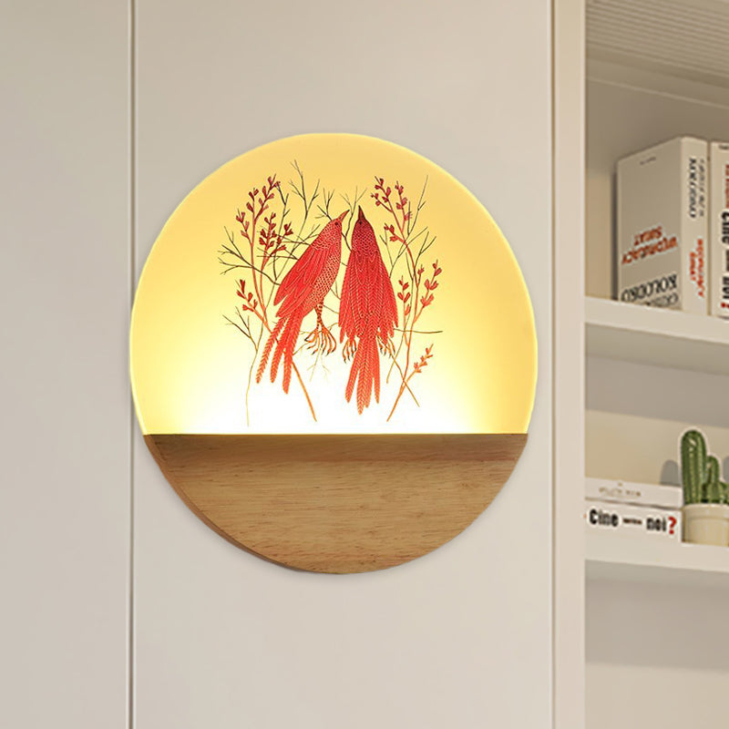 BowLift | LED Bedroom Wall Mounted Wall Lamp Nordic Wood Wall Light with Deer/Bird Pattern Round Acrylic Shade