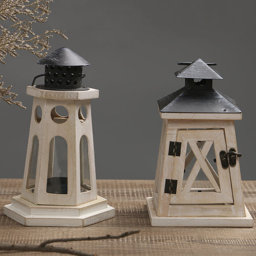 Rustic Distressed Wood Lantern Candle Holder with Glass Panels and Metal Roof Bowlift
