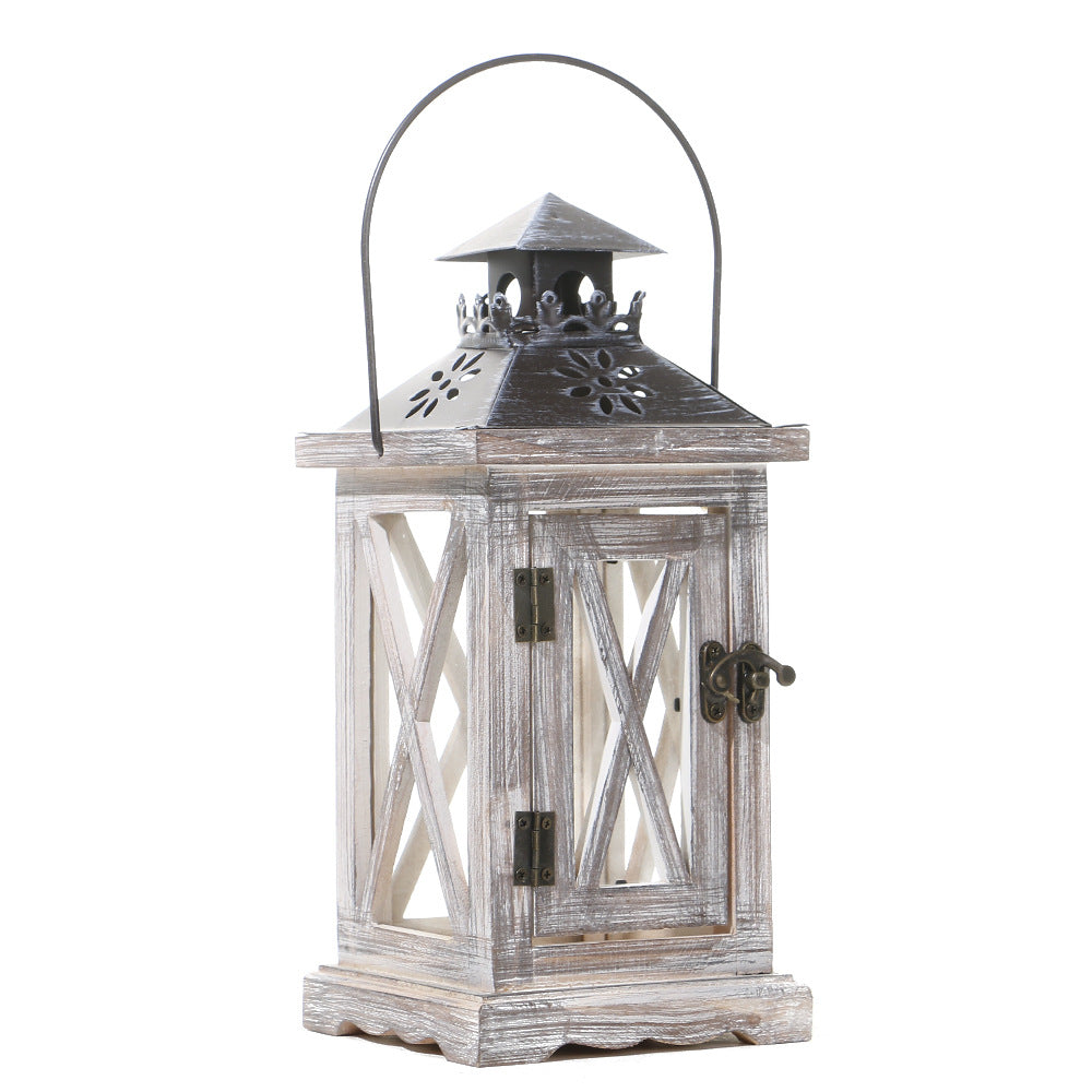 Rustic Wooden Glass-Paneled Lantern with Metal Roof and Latch Candle Holder Bowlift