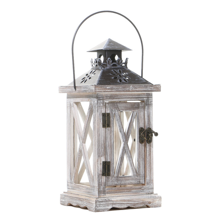 Rustic Wooden Glass-Paneled Lantern with Metal Roof and Latch Candle Holder Bowlift