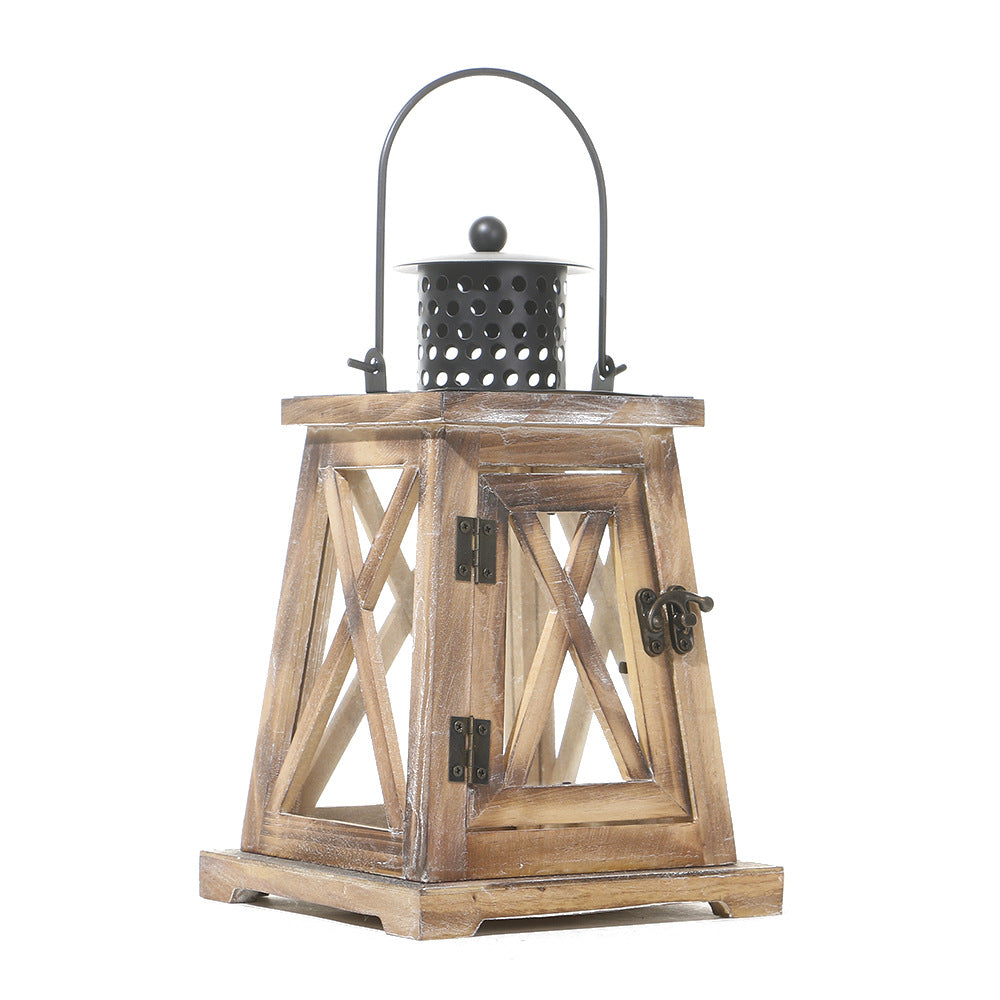 Distressed Wood Glass Candle Lantern with Perforated Metal Top and Vintage Latch Bowlift