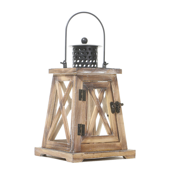 Rustic Wooden Glass-Paneled Lantern with Metal Roof and Latch Candle Holder Bowlift