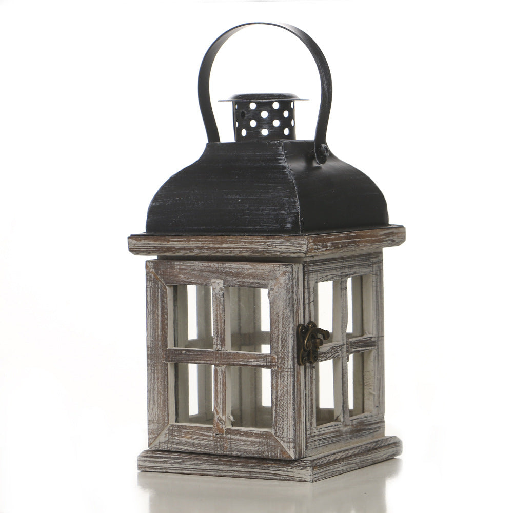 Rustic Wooden Glass-Paneled Lantern with Metal Roof and Latch Candle Holder Bowlift
