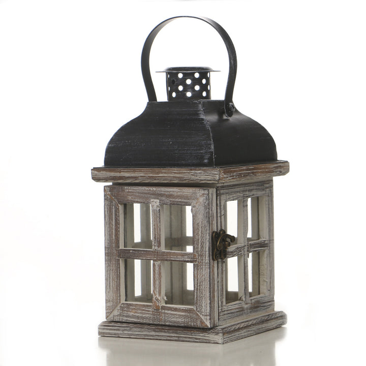 Rustic Wooden Glass-Paneled Lantern with Metal Roof and Latch Candle Holder Bowlift