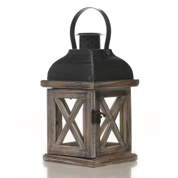 Distressed Wood Glass Candle Lantern with Perforated Metal Top and Vintage Latch Bowlift