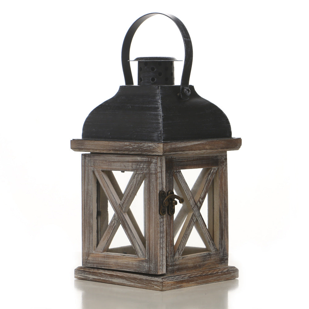 Rustic Wooden Glass-Paneled Lantern with Metal Roof and Latch Candle Holder Bowlift