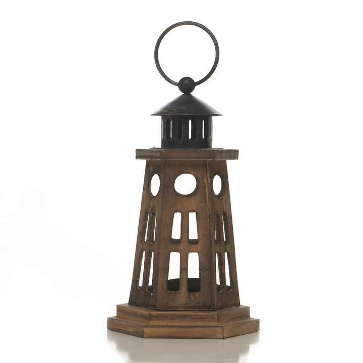 Rustic Wooden Glass-Paneled Lantern with Metal Roof and Latch Candle Holder Bowlift