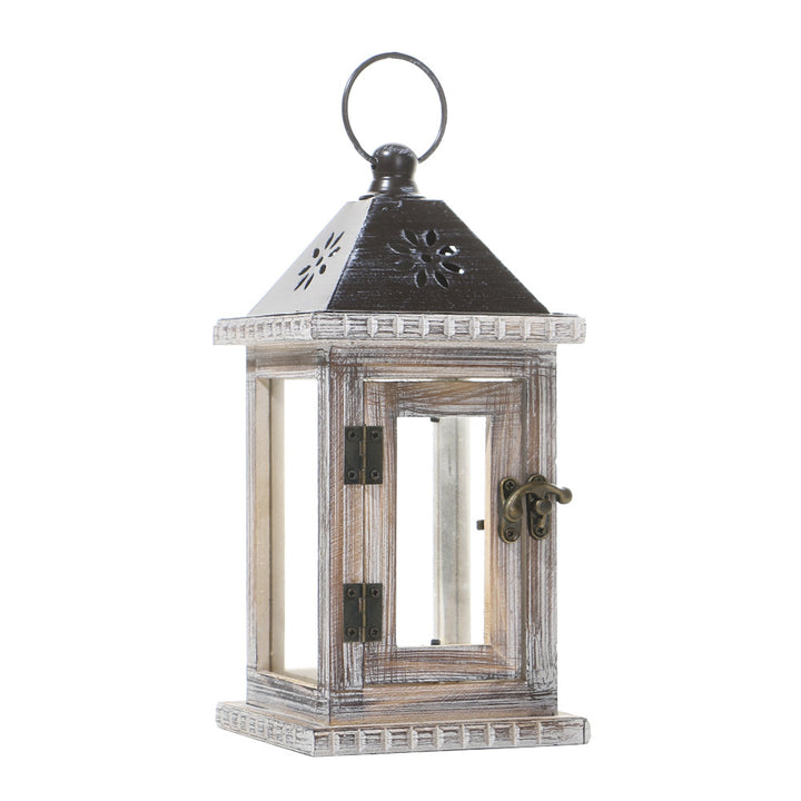Distressed Wood Glass Candle Lantern with Perforated Metal Top and Vintage Latch Bowlift