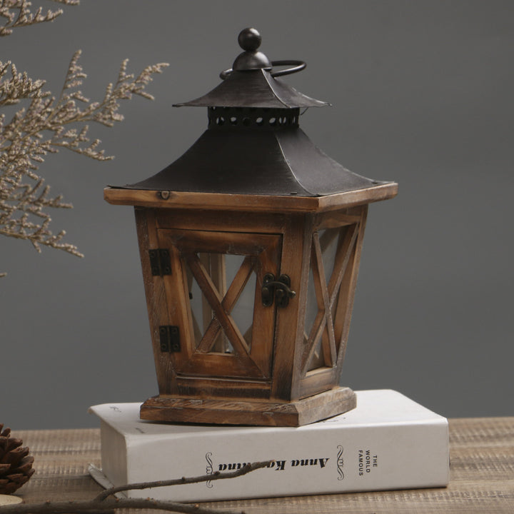 Rustic Wooden Glass-Paneled Lantern with Metal Roof and Latch Candle Holder Bowlift