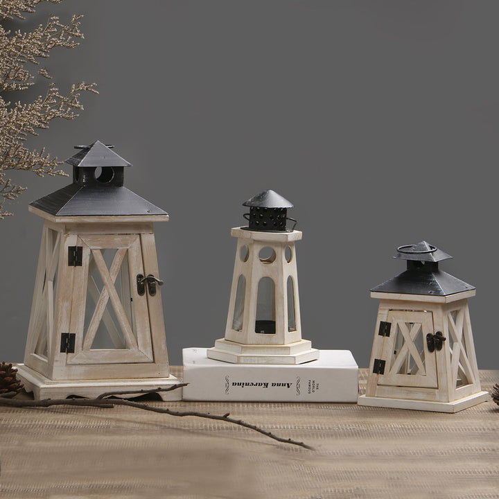 Rustic Wooden Glass-Paneled Lantern with Metal Roof and Latch Candle Holder Bowlift