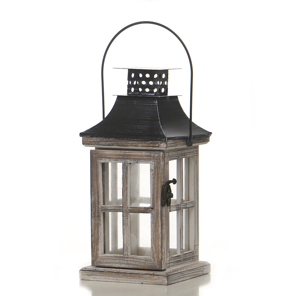 Distressed Wood Glass Candle Lantern with Perforated Metal Top and Vintage Latch Bowlift