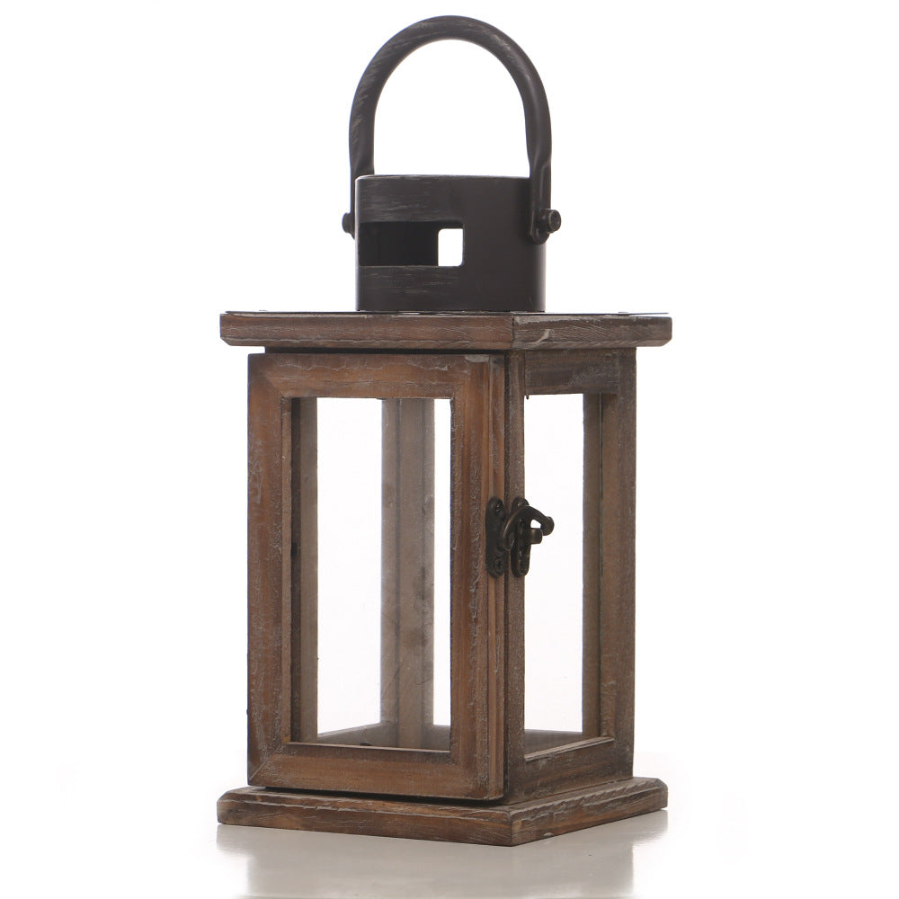 Rustic Wooden Glass-Paneled Lantern with Metal Roof and Latch Candle Holder Bowlift
