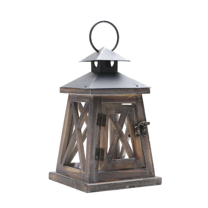 Distressed Wood Glass Candle Lantern with Perforated Metal Top and Vintage Latch Bowlift