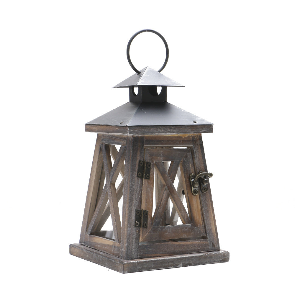 Rustic Wooden Glass-Paneled Lantern with Metal Roof and Latch Candle Holder Bowlift