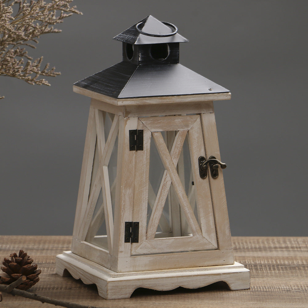 Distressed Wood Glass Candle Lantern with Perforated Metal Top and Vintage Latch Bowlift