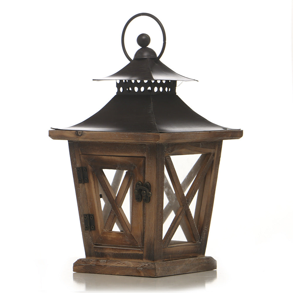 Distressed Wood Glass Candle Lantern with Perforated Metal Top and Vintage Latch Bowlift