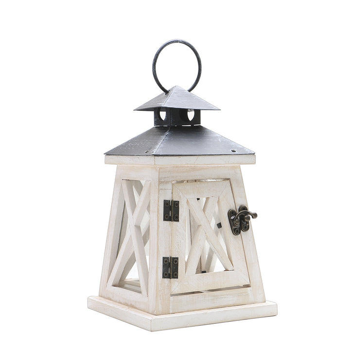 Distressed Wood Glass Candle Lantern with Perforated Metal Top and Vintage Latch Bowlift