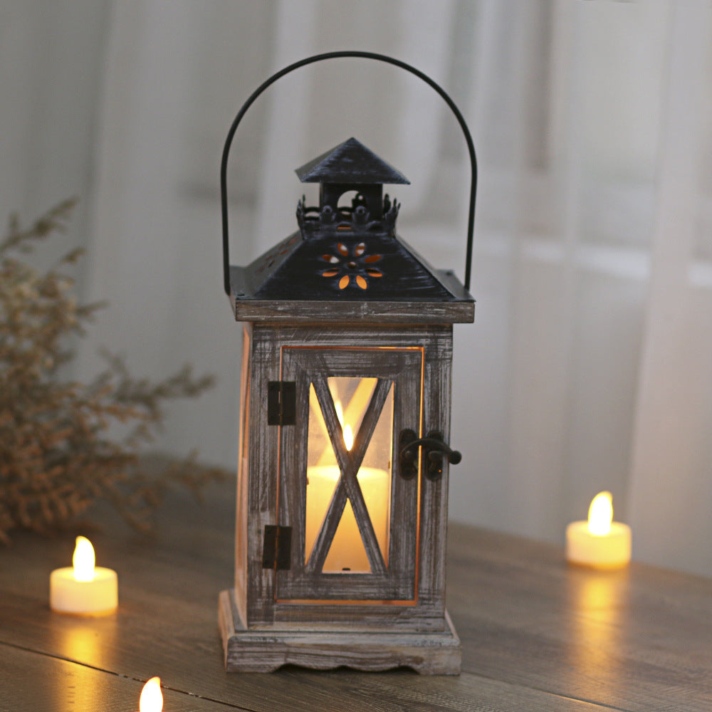 Rustic Distressed Wood Glass-Paneled Decorative Candle Lantern with Metal Top and Carry Handle Bowlift