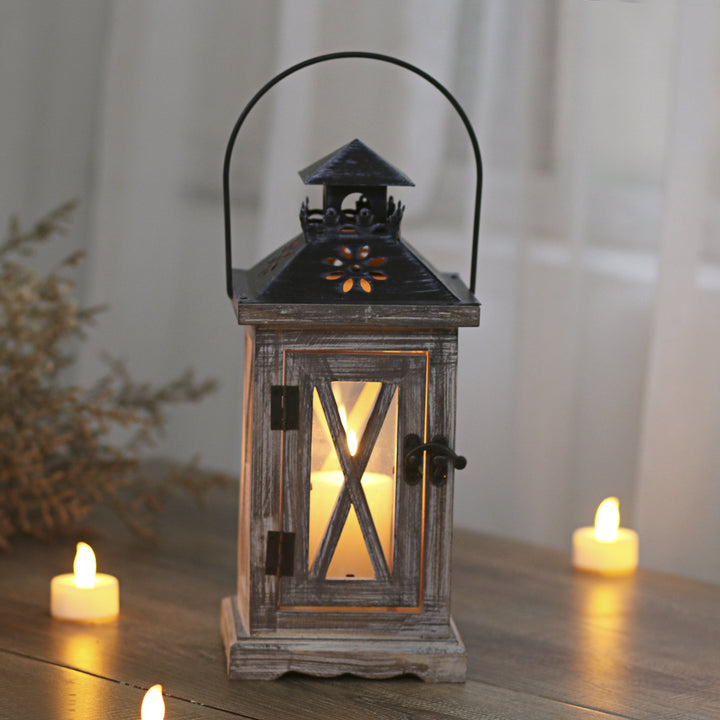 Rustic Distressed Wood Glass-Paneled Decorative Candle Lantern with Metal Top and Carry Handle Bowlift